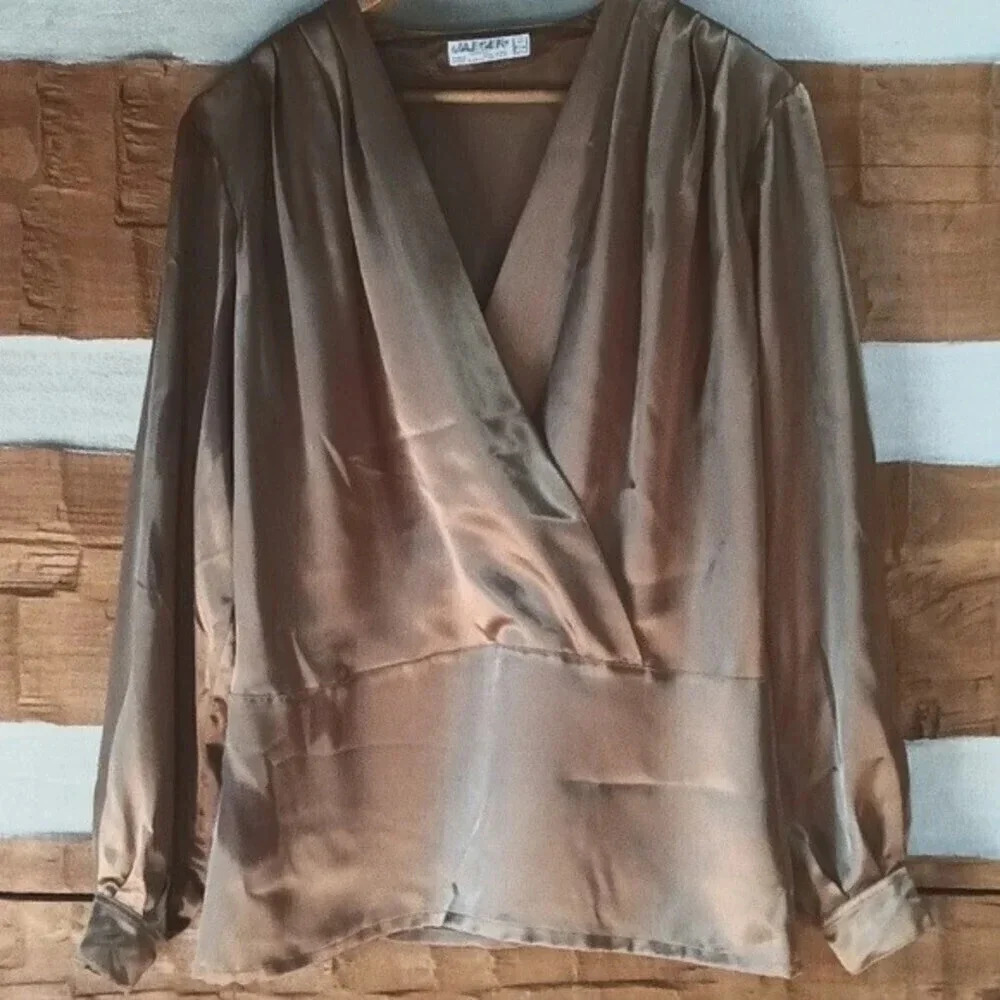 Vintage Jaeger London 80's banded gold/brown crossover  blouse - Picture 2 of 9